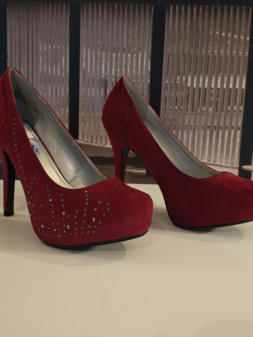 Madeline Girl Red Suede Platform High Heels with Rhinestone Accents